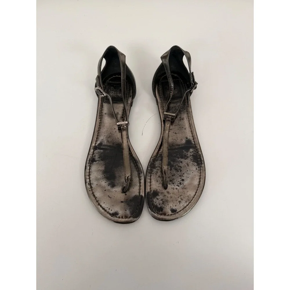 Tory Burch Metallic Pewter Leather T-Strap Thong Sandals Women 9.5 M